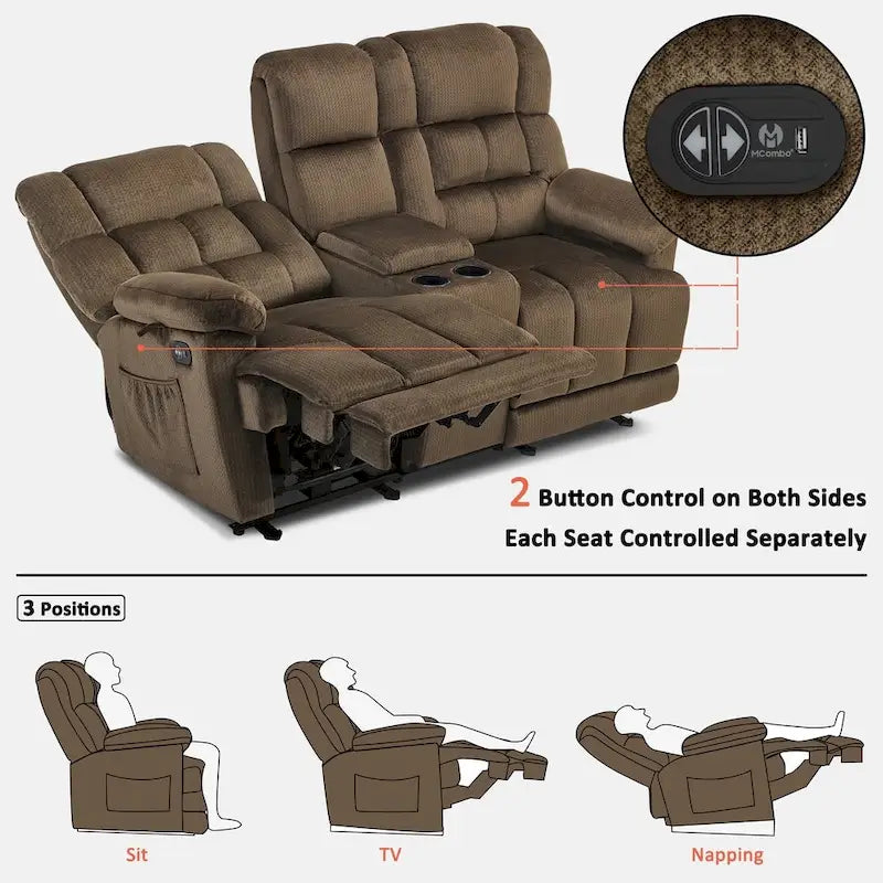 Sillón reclinable eléctrico de dos plazas con consola, vibración y calor, puertos de carga USB