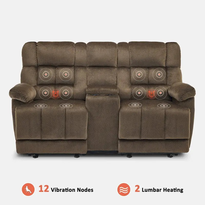 Sillón reclinable eléctrico de dos plazas con consola, vibración y calor, puertos de carga USB