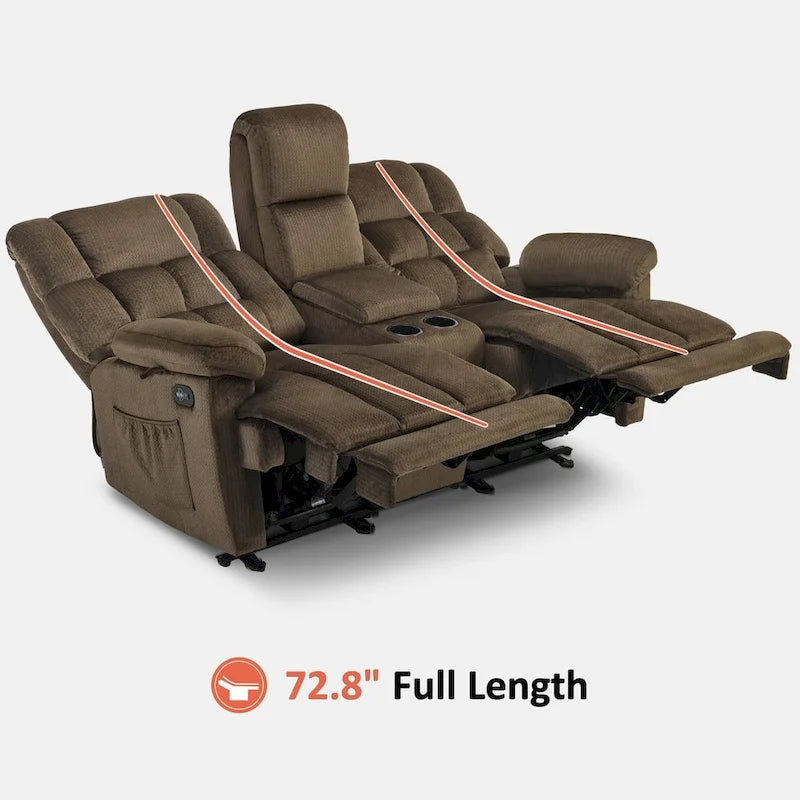 Sillón reclinable eléctrico de dos plazas con consola, vibración y calor, puertos de carga USB