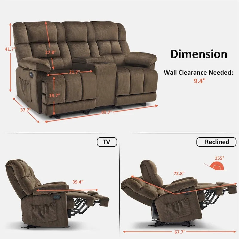 Sillón reclinable eléctrico de dos plazas con consola, vibración y calor, puertos de carga USB