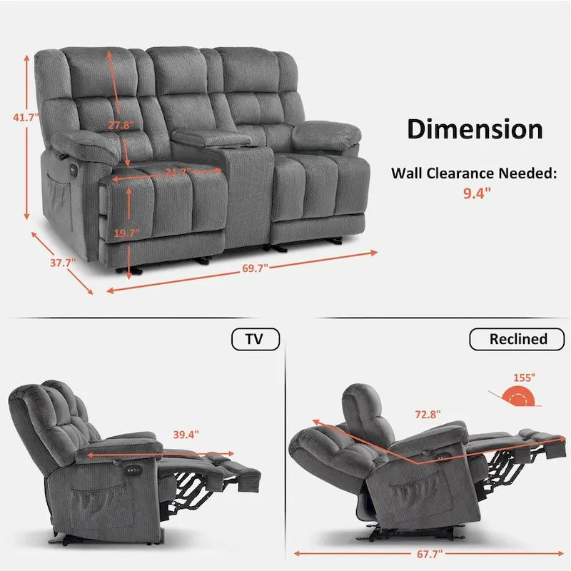 Sillón reclinable eléctrico de dos plazas con consola, vibración y calor, puertos de carga USB