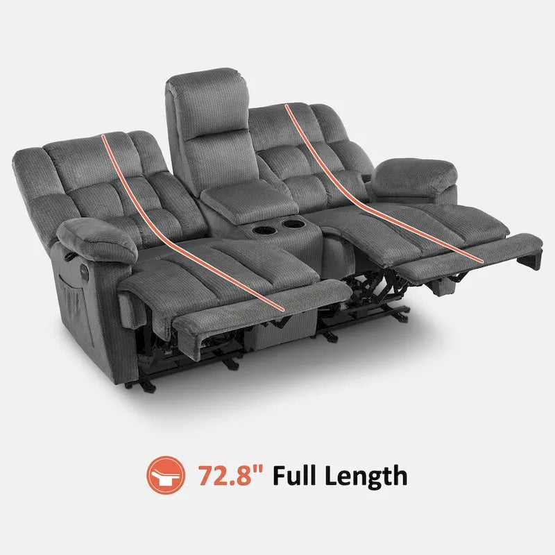 Sillón reclinable eléctrico de dos plazas con consola, vibración y calor, puertos de carga USB