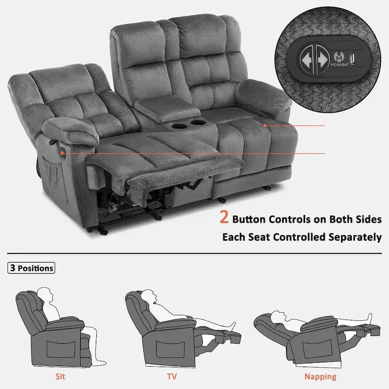 Sillón reclinable eléctrico de dos plazas con consola, vibración y calor, puertos de carga USB