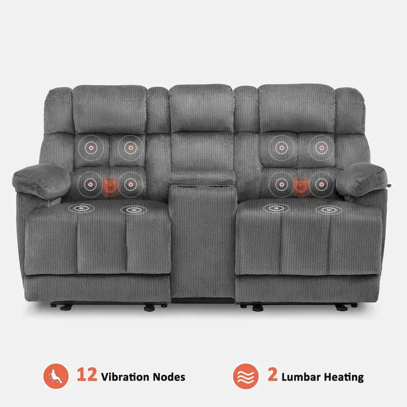 Sillón reclinable eléctrico de dos plazas con consola, vibración y calor, puertos de carga USB