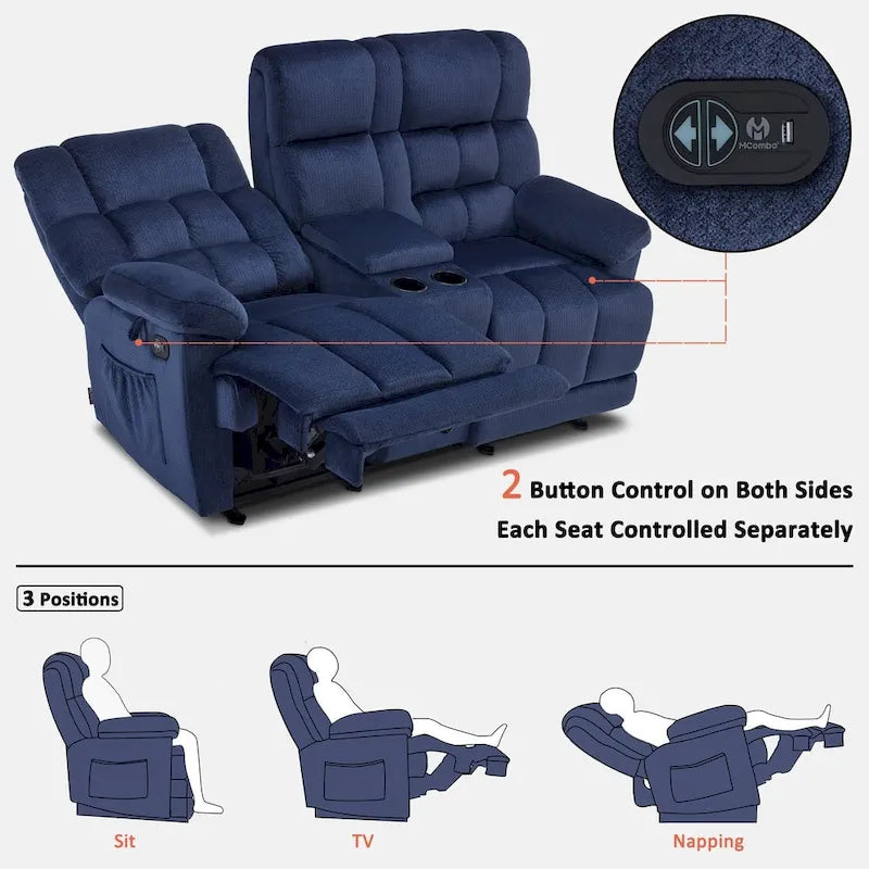 Sillón reclinable eléctrico de dos plazas con consola, vibración y calor, puertos de carga USB