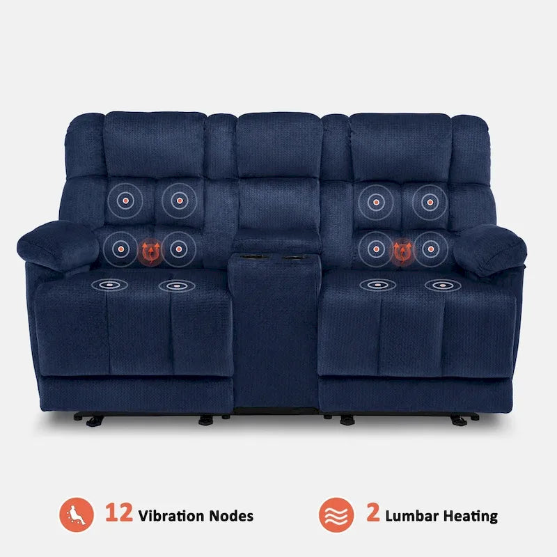 Sillón reclinable eléctrico de dos plazas con consola, vibración y calor, puertos de carga USB