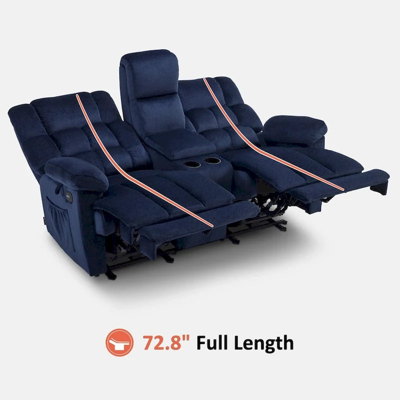 Sillón reclinable eléctrico de dos plazas con consola, vibración y calor, puertos de carga USB