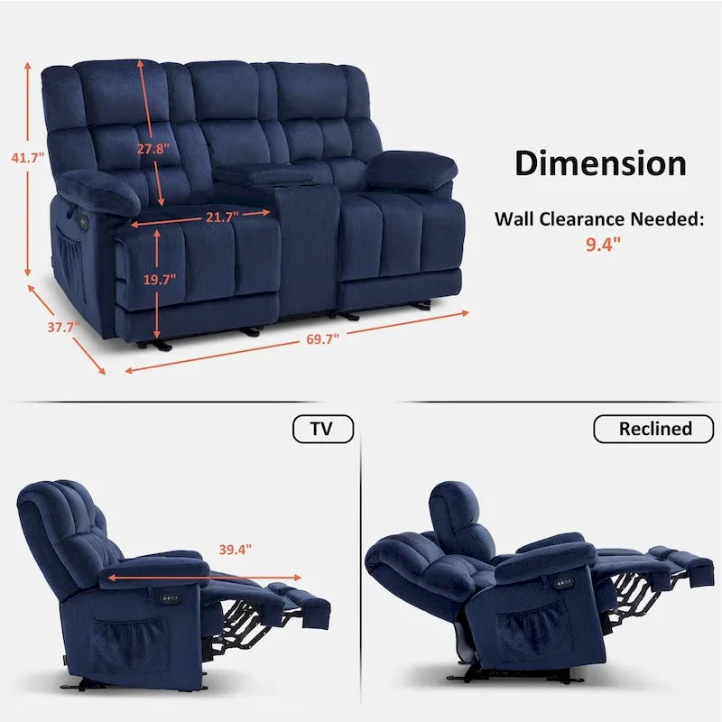 Sillón reclinable eléctrico de dos plazas con consola, vibración y calor, puertos de carga USB