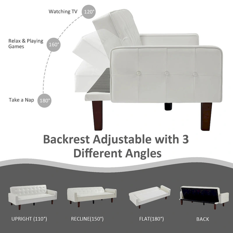 Sofá cama convertible de piel sintética de 74" con respaldo ajustable, 3 plazas