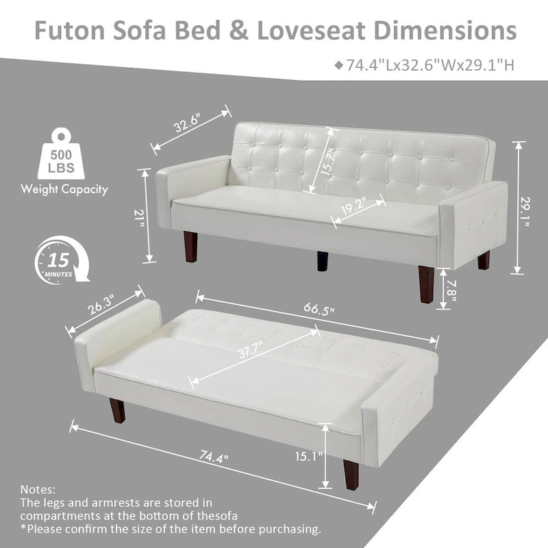 Sofá cama convertible de piel sintética de 74" con respaldo ajustable, 3 plazas