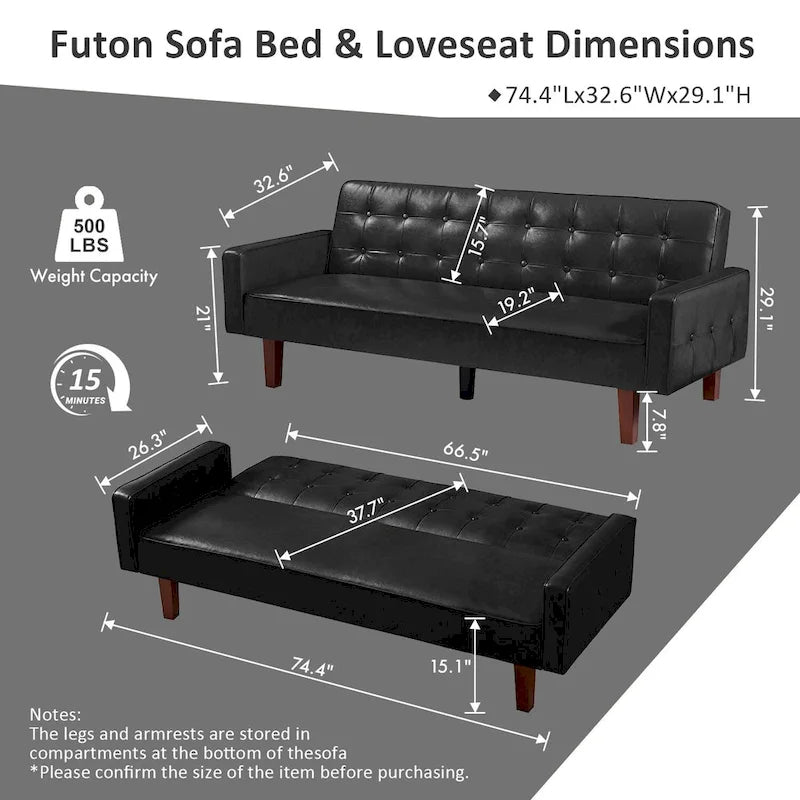 Sofá cama convertible de piel sintética de 74" con respaldo ajustable, 3 plazas