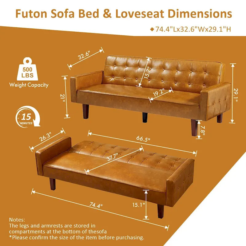 Sofá cama convertible de piel sintética de 74" con respaldo ajustable, 3 plazas