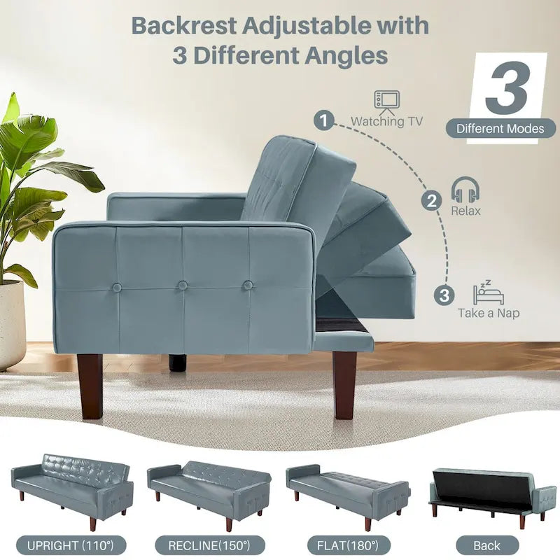 Sofá cama convertible de piel sintética de 74" con respaldo ajustable, 3 plazas