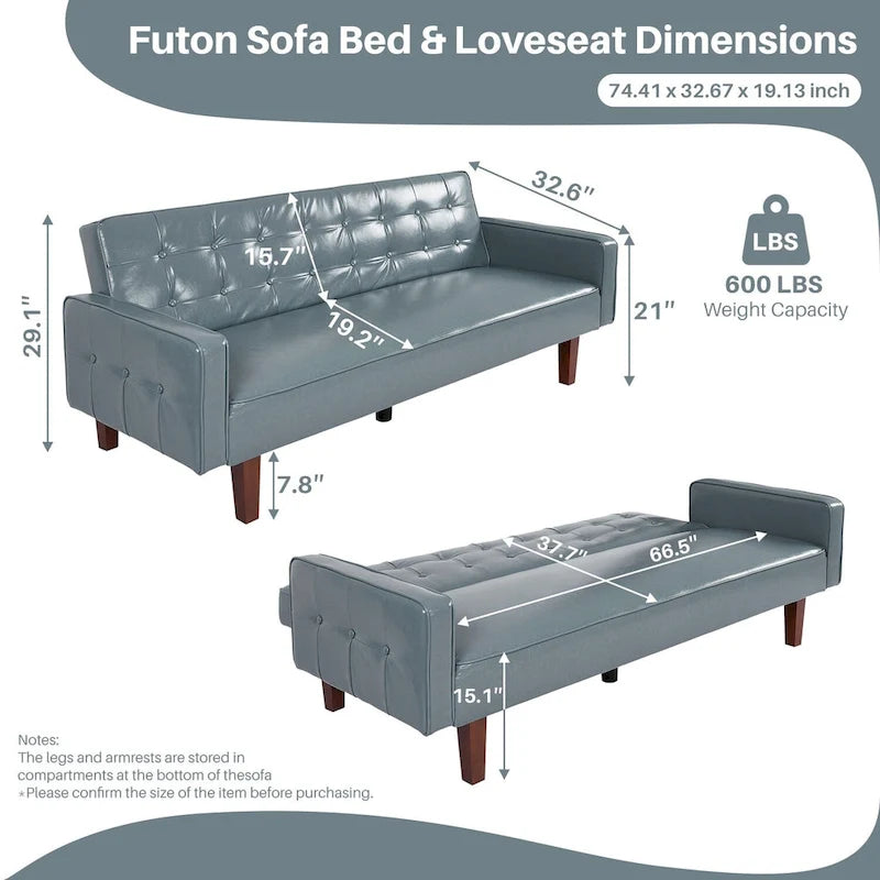 Sofá cama convertible de piel sintética de 74" con respaldo ajustable, 3 plazas