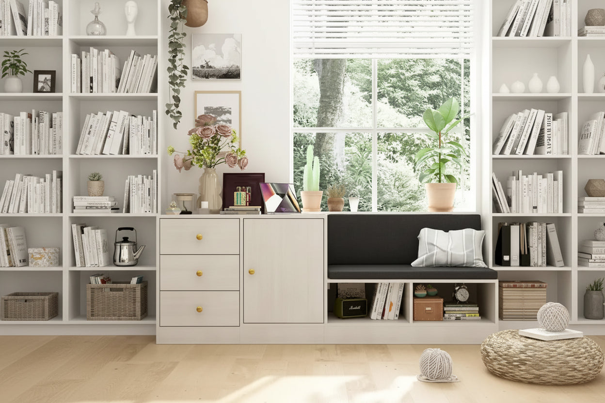 White Shoe Storage Bench with Cushioned Seat and Adjustable Shelves