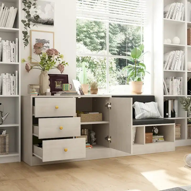 Banco para zapatos con asiento acolchado y estantes ajustables