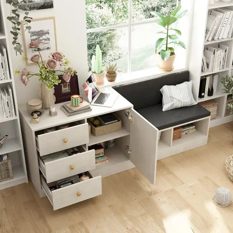 Banco para zapatos con asiento acolchado y estantes ajustables