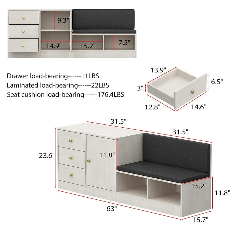 Banco para zapatos con asiento acolchado y estantes ajustables
