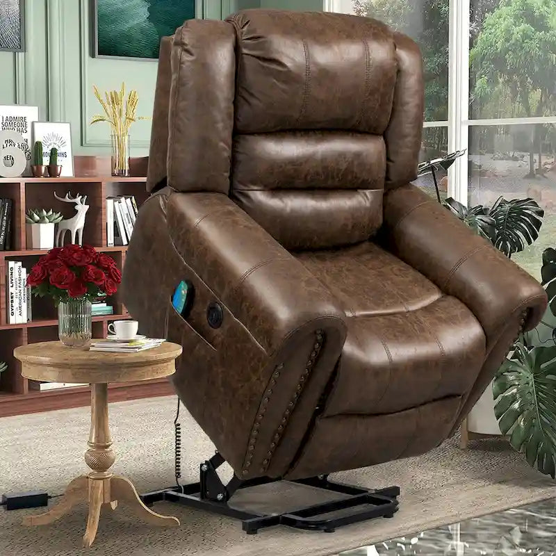 Sillón reclinable eléctrico extragrande de piel sintética con elevación, masaje y calefacción