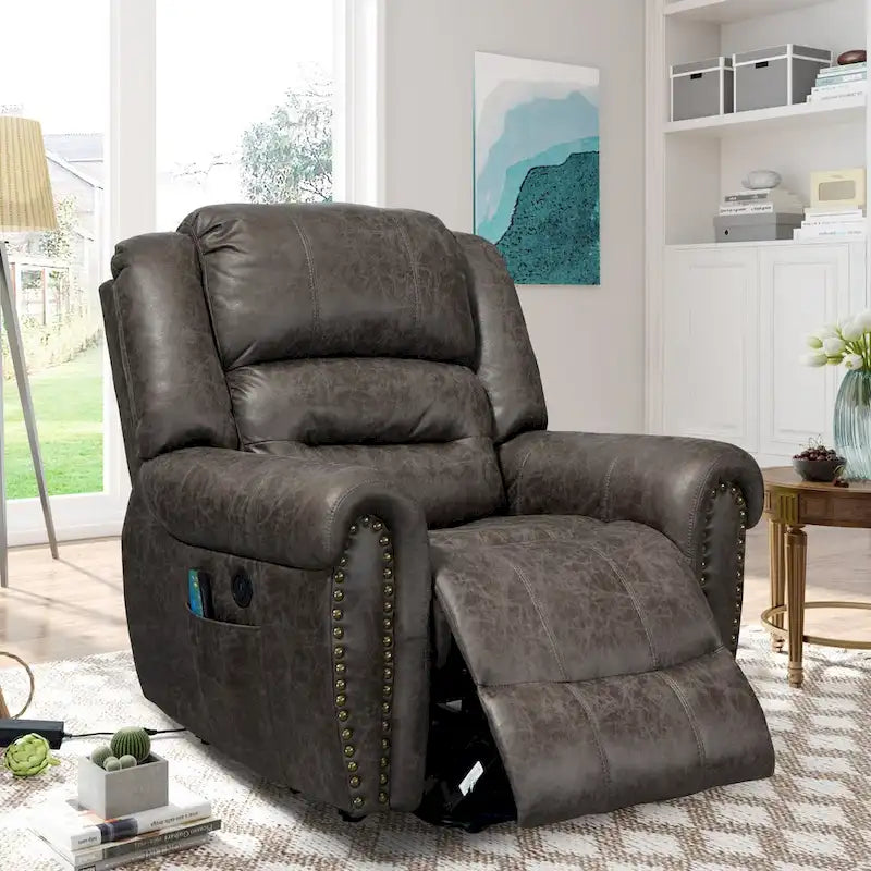 Sillón reclinable eléctrico extragrande de piel sintética con elevación, masaje y calefacción
