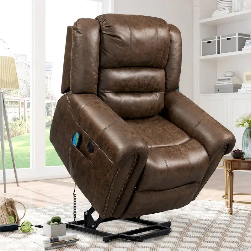 Sillón reclinable eléctrico extragrande de piel sintética con elevación, masaje y calefacción