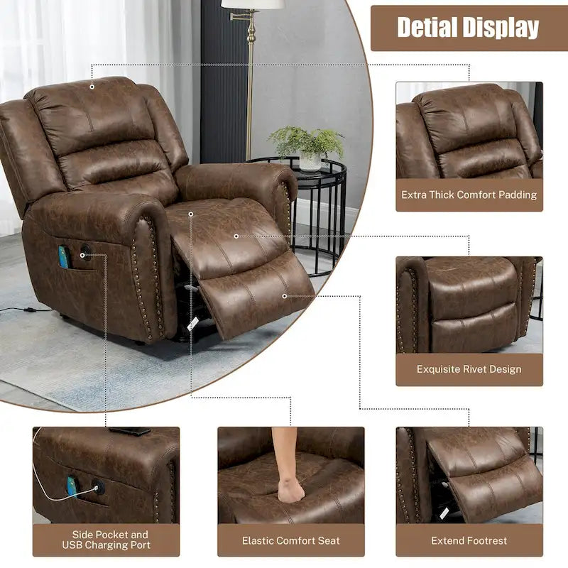 Sillón reclinable eléctrico extragrande de piel sintética con elevación, masaje y calefacción