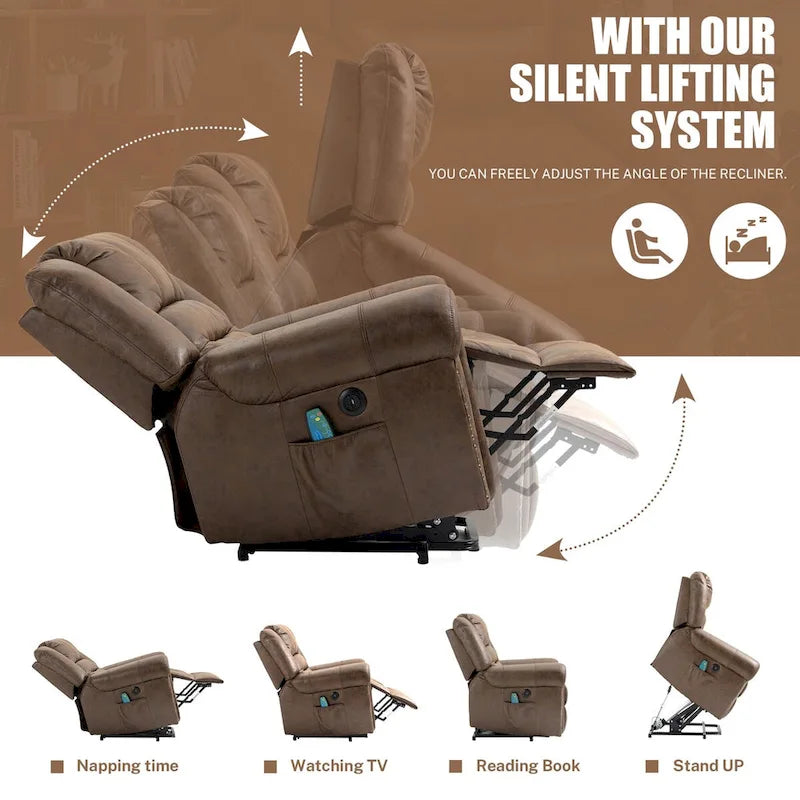 Sillón reclinable eléctrico extragrande de piel sintética con elevación, masaje y calefacción
