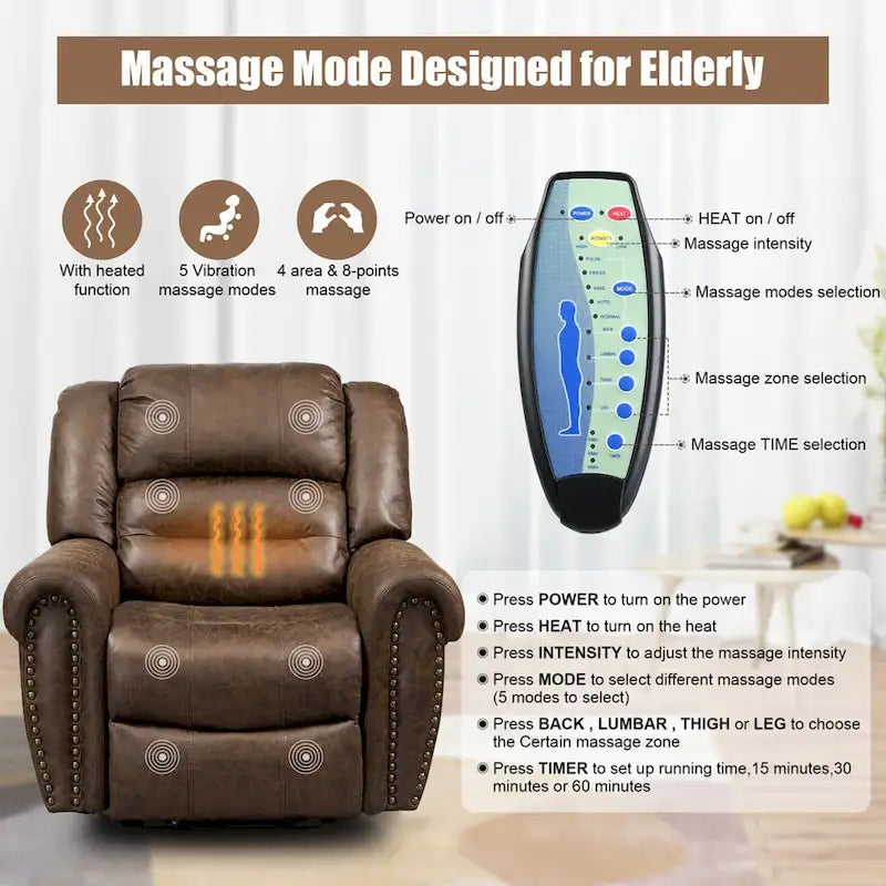 Sillón reclinable eléctrico extragrande de piel sintética con elevación, masaje y calefacción