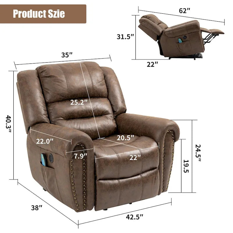 Sillón reclinable eléctrico extragrande de piel sintética con elevación, masaje y calefacción