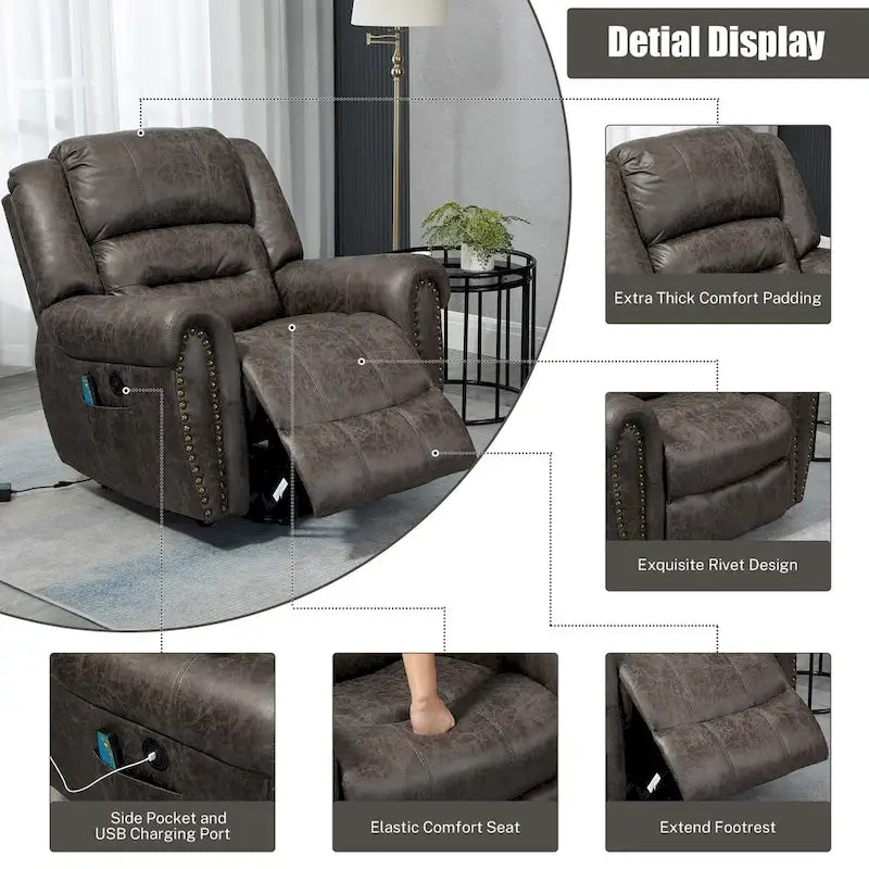 Sillón reclinable eléctrico extragrande de piel sintética con elevación, masaje y calefacción