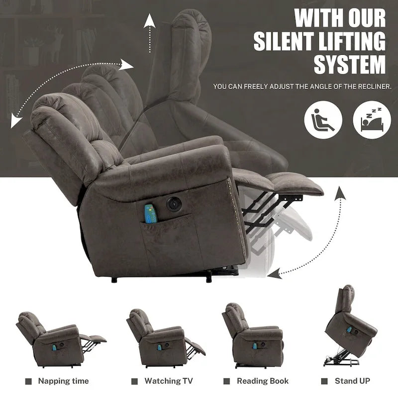 Sillón reclinable eléctrico extragrande de piel sintética con elevación, masaje y calefacción