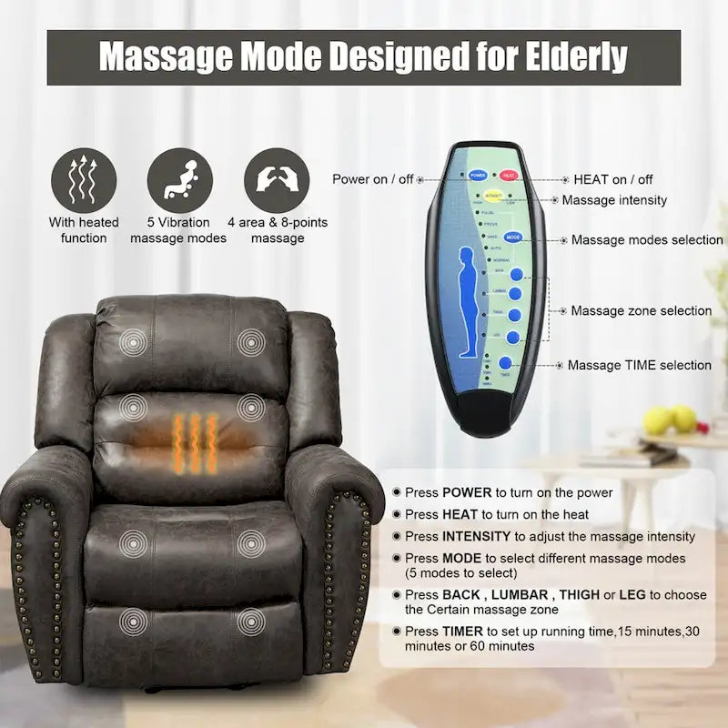 Sillón reclinable eléctrico extragrande de piel sintética con elevación, masaje y calefacción