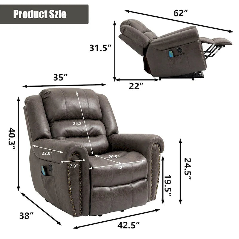 Sillón reclinable eléctrico extragrande de piel sintética con elevación, masaje y calefacción