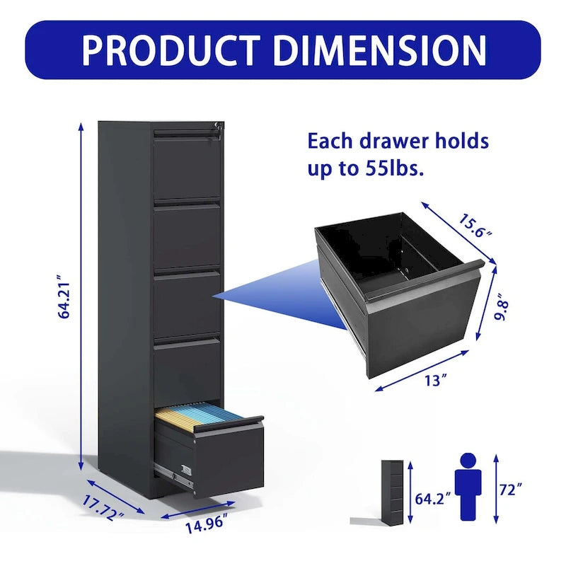 Archivador vertical de metal con 5 cajones y cerradura