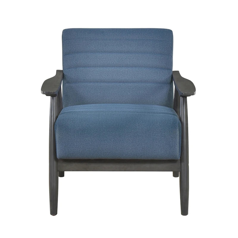 Sillón de 32 pulgadas, con costuras acanaladas, terciopelo azul, madera maciza gris