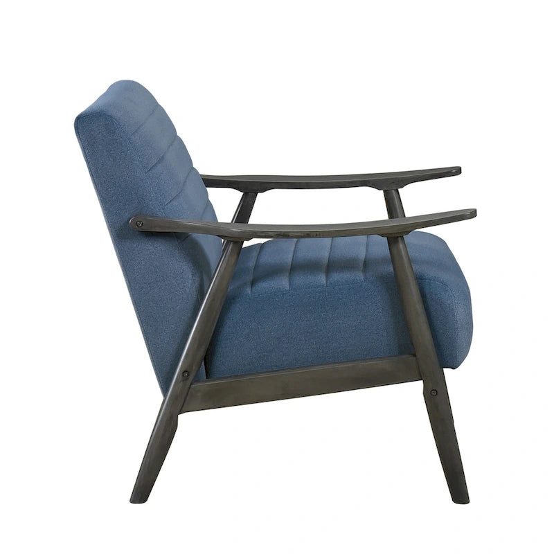 Sillón de 32 pulgadas, con costuras acanaladas, terciopelo azul, madera maciza gris