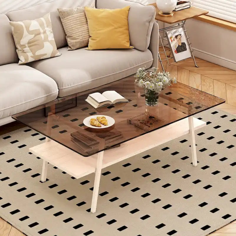 Mesa de centro con tablero de cristal y patas de metal