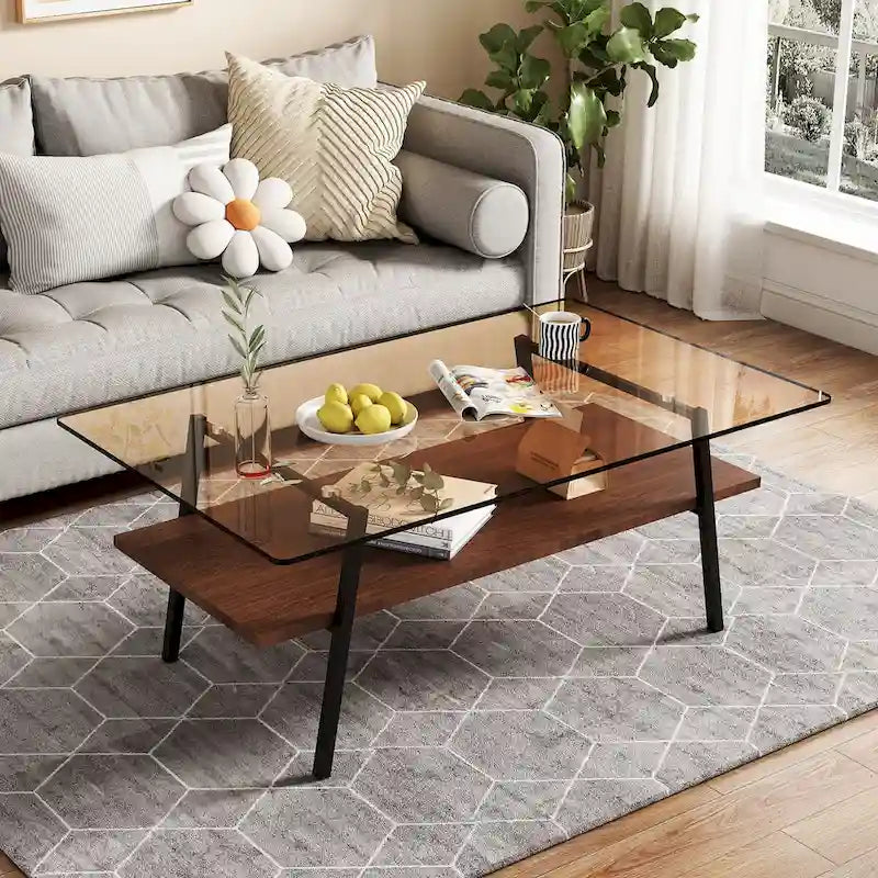 Mesa de centro con tablero de cristal y patas de metal