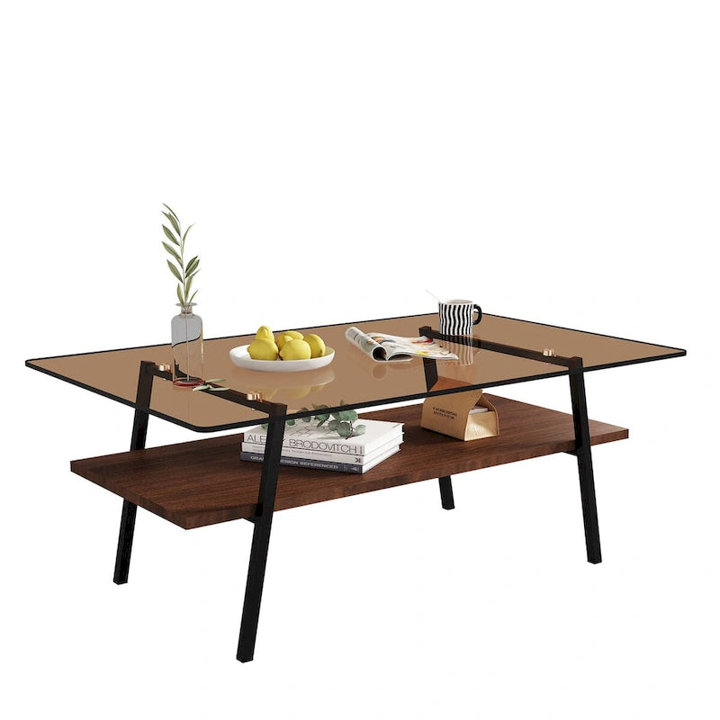 Mesa de centro con tablero de cristal y patas de metal