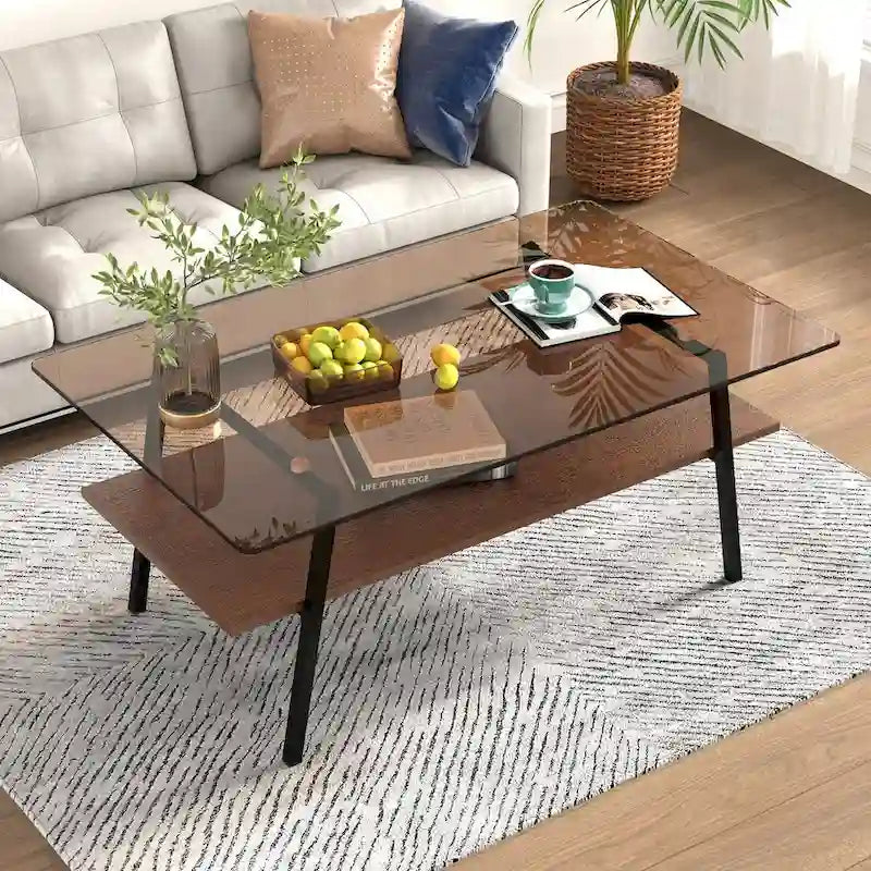 Mesa de centro con tablero de cristal y patas de metal