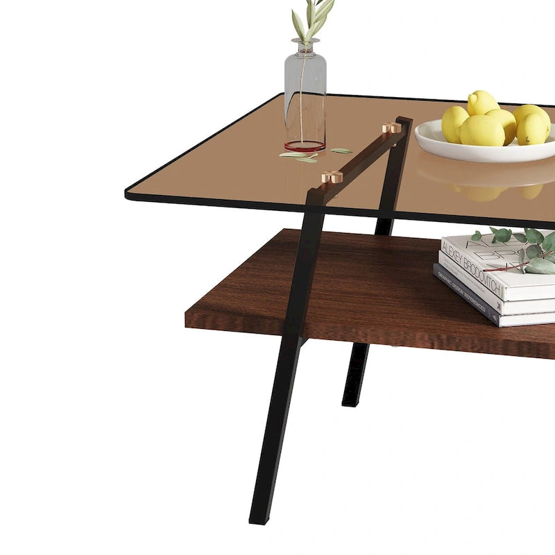 Mesa de centro con tablero de cristal y patas de metal