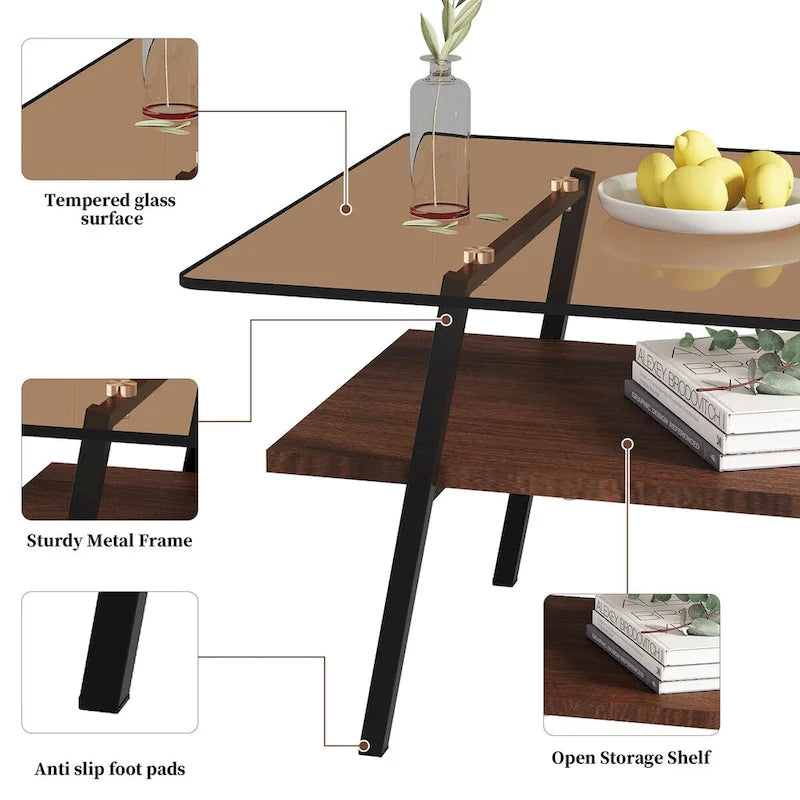 Mesa de centro con tablero de cristal y patas de metal
