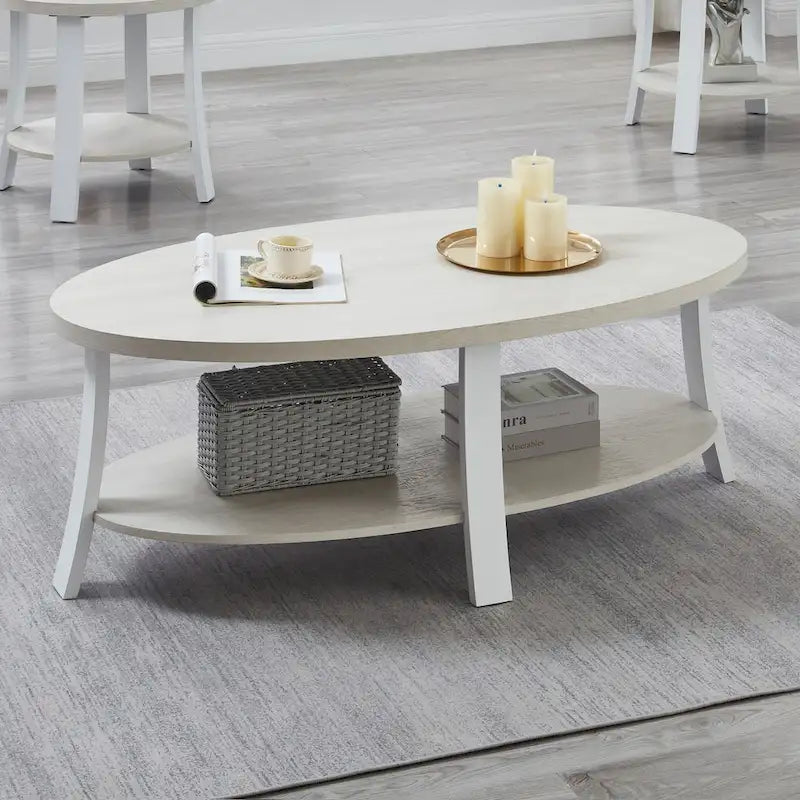 Mesa de centro ovalada contemporánea con estante de madera