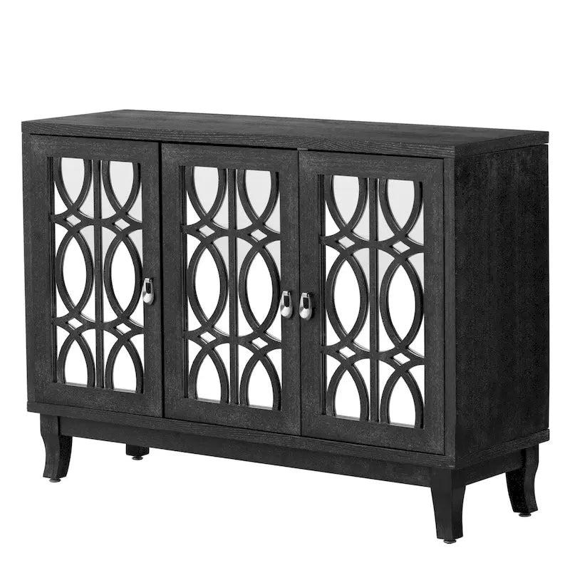 Sideboard-Buffetschrank mit 3 verspiegelten Glastüren und silbernem Griff - 47.2"L x 15.6"W x 33.9"H