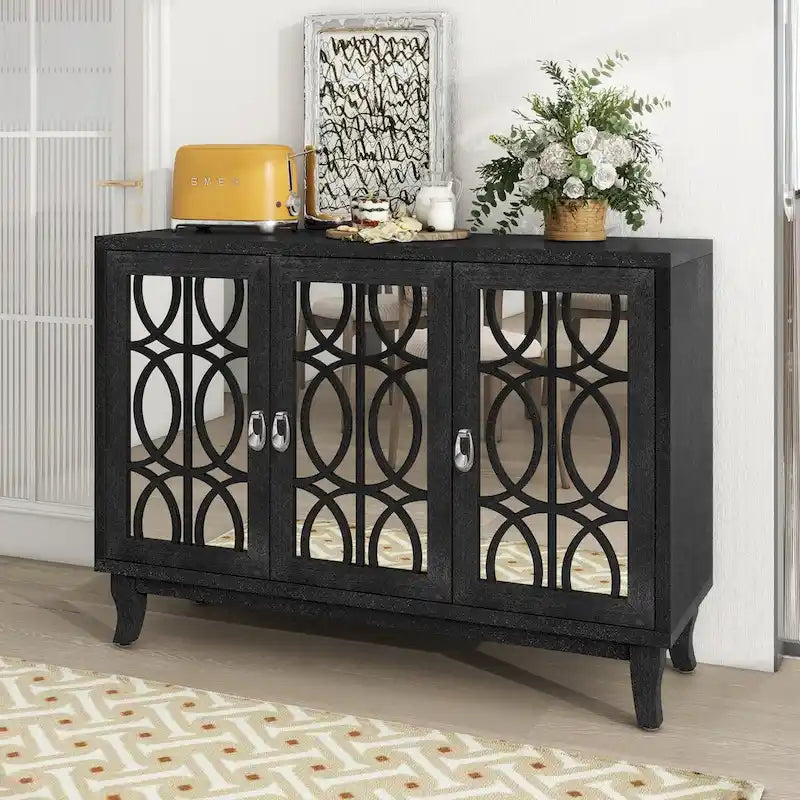 Sideboard-Buffetschrank mit 3 verspiegelten Glastüren und silbernem Griff - 47.2"L x 15.6"W x 33.9"H