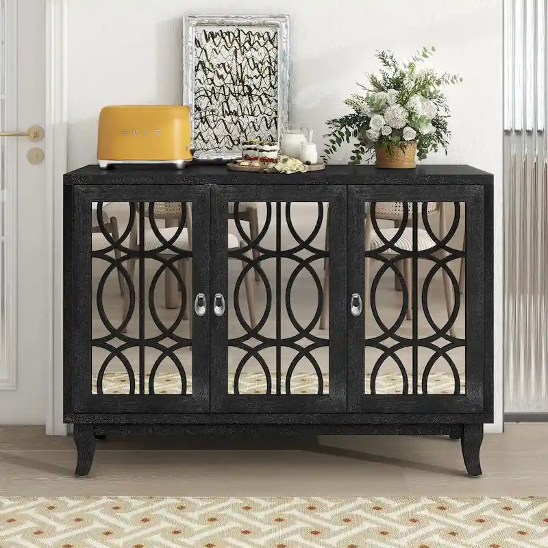 Sideboard-Buffetschrank mit 3 verspiegelten Glastüren und silbernem Griff - 47.2"L x 15.6"W x 33.9"H