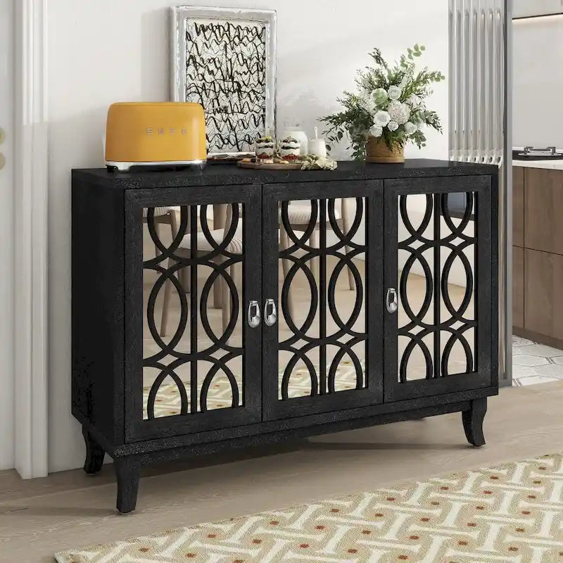 Sideboard-Buffetschrank mit 3 verspiegelten Glastüren und silbernem Griff - 47.2"L x 15.6"W x 33.9"H
