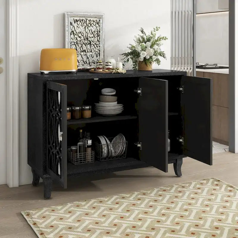 Sideboard-Buffetschrank mit 3 verspiegelten Glastüren und silbernem Griff - 47.2"L x 15.6"W x 33.9"H