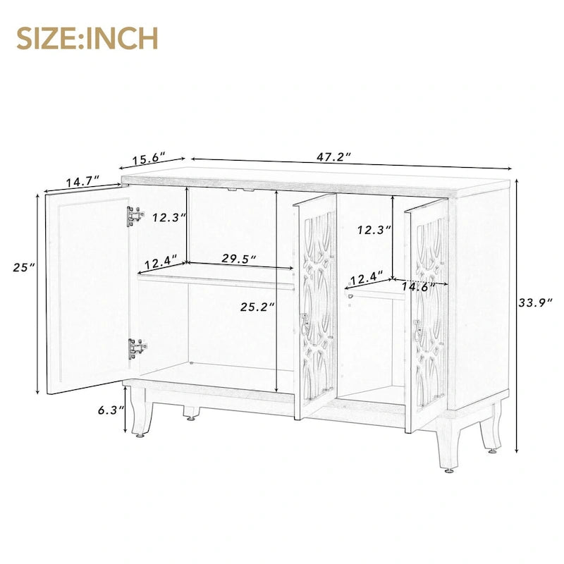 Sideboard-Buffetschrank mit 3 verspiegelten Glastüren und silbernem Griff - 47.2"L x 15.6"W x 33.9"H