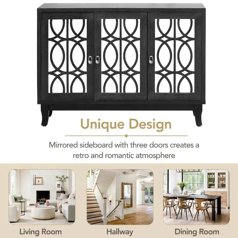 Sideboard-Buffetschrank mit 3 verspiegelten Glastüren und silbernem Griff - 47.2"L x 15.6"W x 33.9"H
